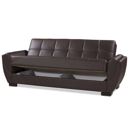 93" Brown Faux Leather Convertible Futon Sleeper Sofa And Toss Pillows With Storage