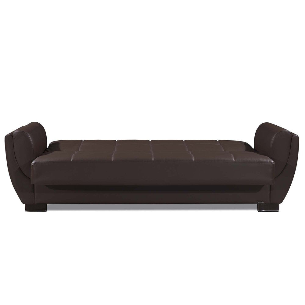 93" Brown Faux Leather Convertible Futon Sleeper Sofa And Toss Pillows With Storage