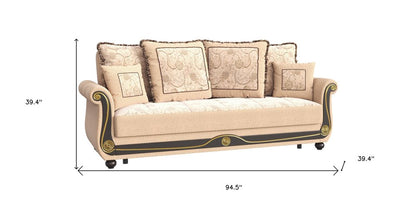 95" Beige Chenille Convertible Futon Sleeper Sofa And Toss Pillows With Storage