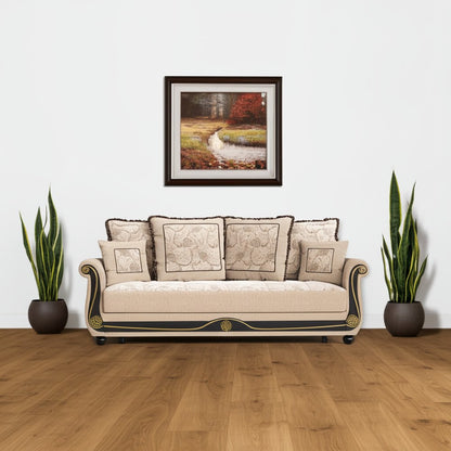 95" Beige Chenille Convertible Futon Sleeper Sofa And Toss Pillows With Storage