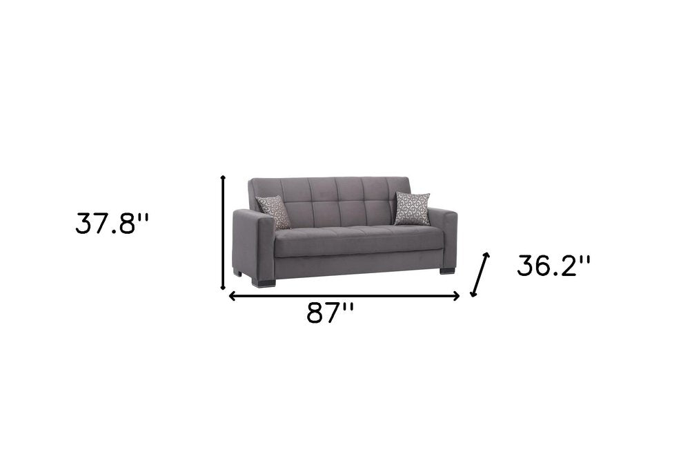 87" Gray Microfiber Convertible Futon Sleeper Sofa And Toss Pillows With Storage