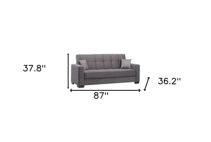 87" Gray Microfiber Convertible Futon Sleeper Sofa And Toss Pillows With Storage
