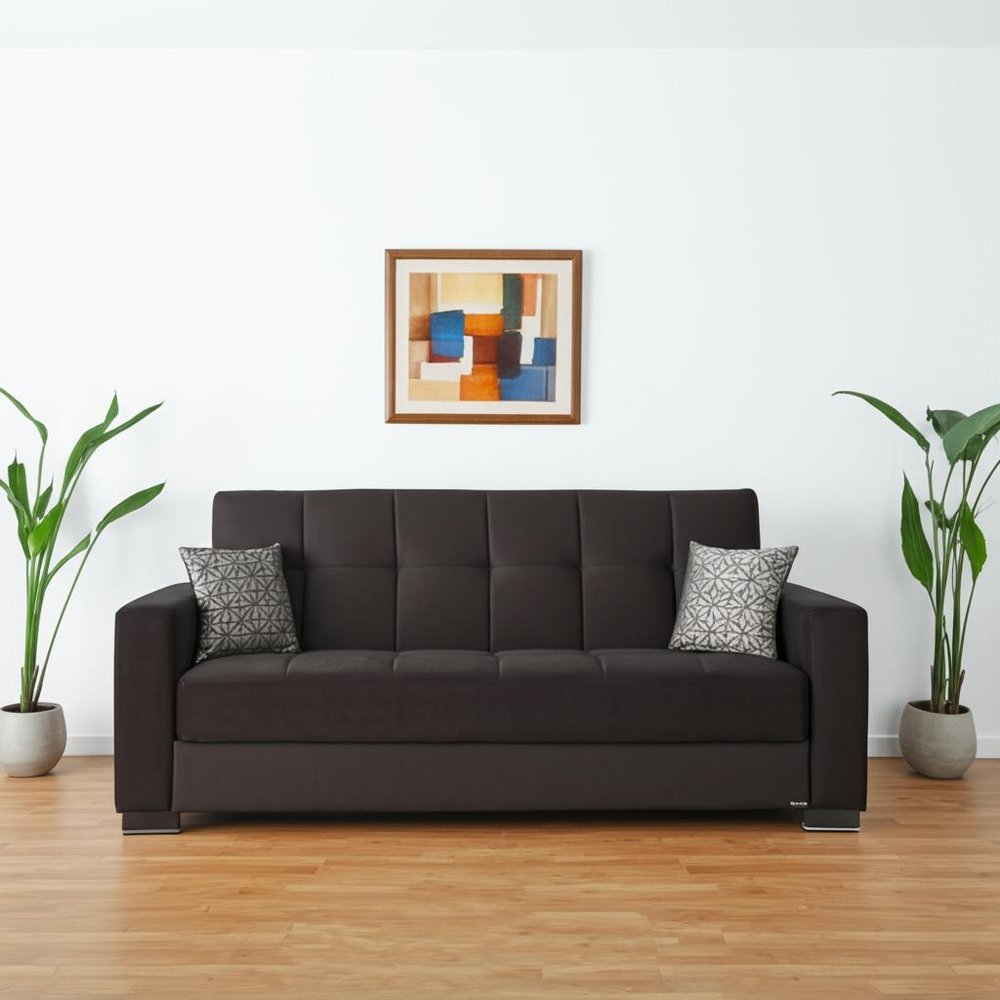 87" Black Microfiber Convertible Futon Sleeper Sofa And Toss Pillows With Storage