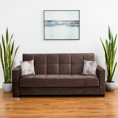 87" Brown Microfiber Convertible Futon Sleeper Sofa And Toss Pillows With Storage