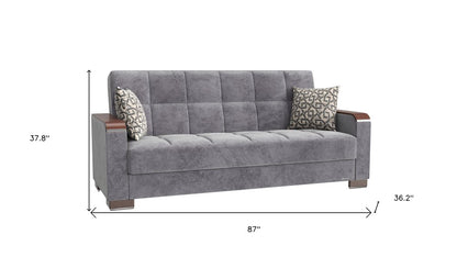 87" Gray Microfiber Convertible Futon Sleeper Sofa And Toss Pillows With Storage