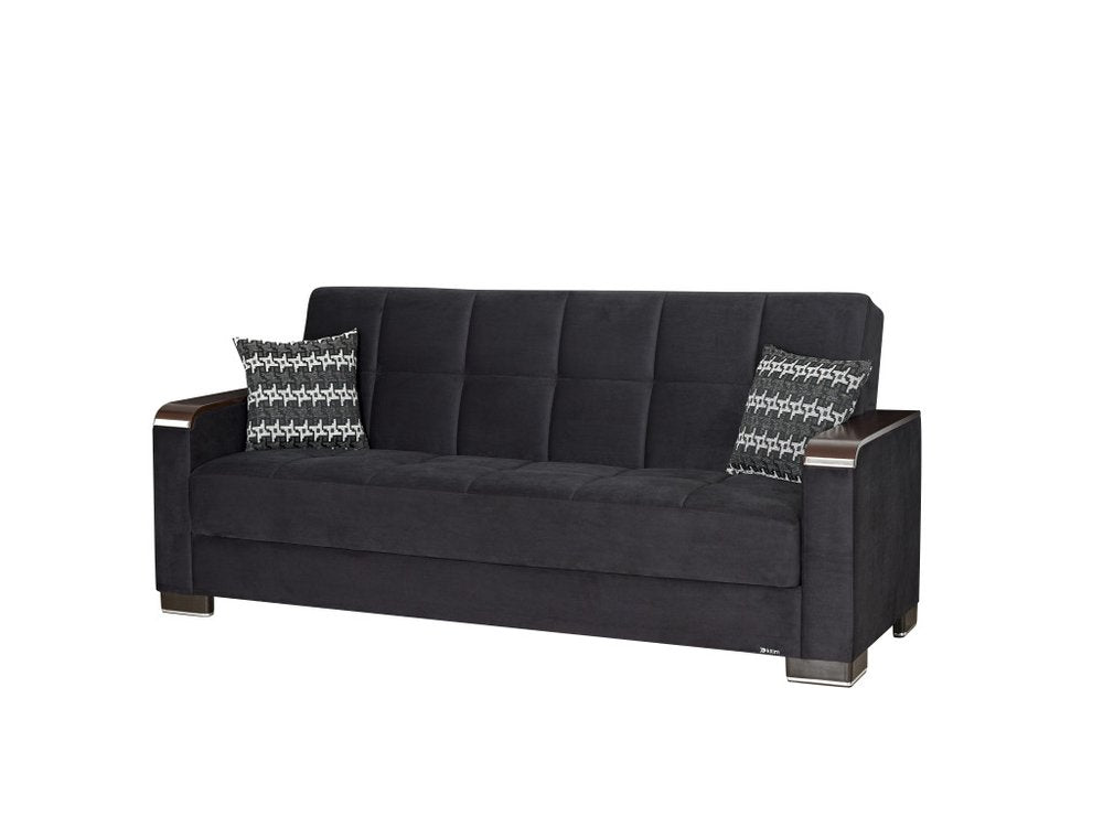 87" Black Microfiber Convertible Futon Sleeper Sofa And Toss Pillows With Storage
