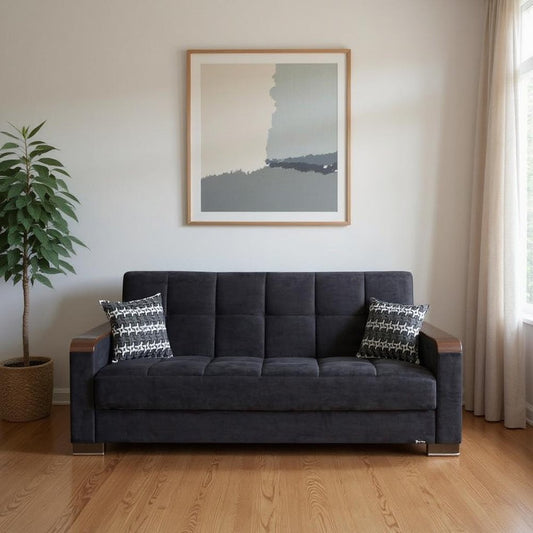 87" Black Microfiber Convertible Futon Sleeper Sofa And Toss Pillows With Storage