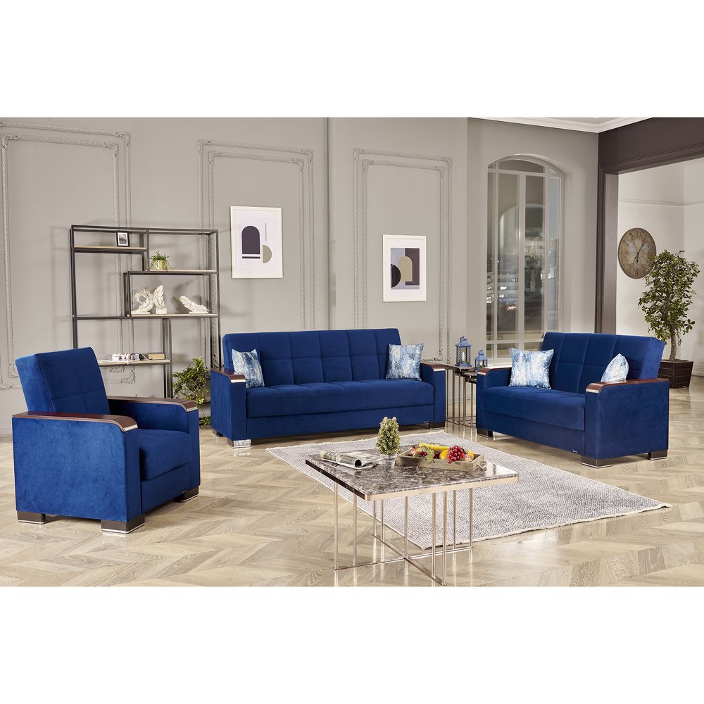 87" Blue Microfiber Convertible Futon Sleeper Sofa And Toss Pillows With Storage