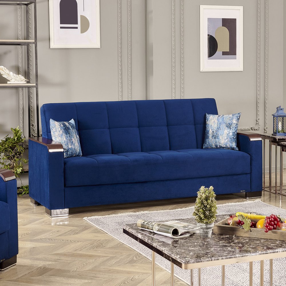 87" Blue Microfiber Convertible Futon Sleeper Sofa And Toss Pillows With Storage