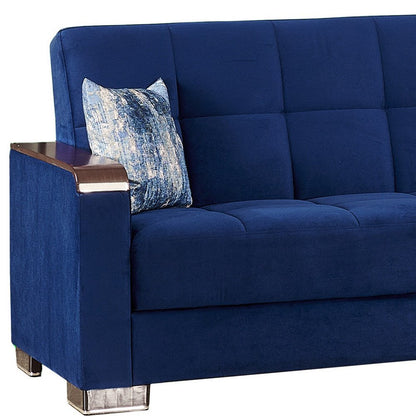 87" Blue Microfiber Convertible Futon Sleeper Sofa And Toss Pillows With Storage
