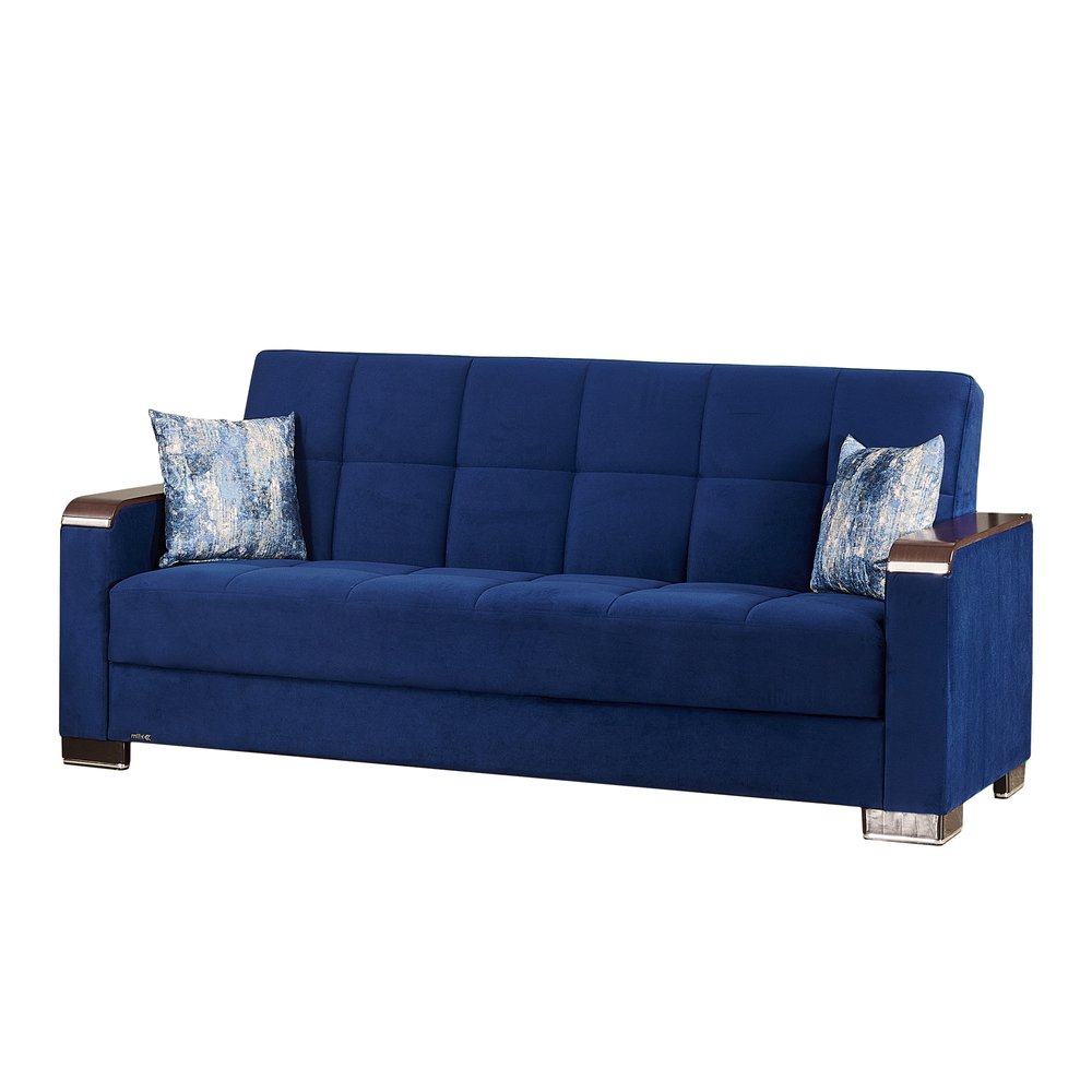 87" Blue Microfiber Convertible Futon Sleeper Sofa And Toss Pillows With Storage