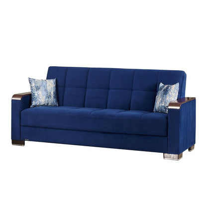 87" Blue Microfiber Convertible Futon Sleeper Sofa And Toss Pillows With Storage
