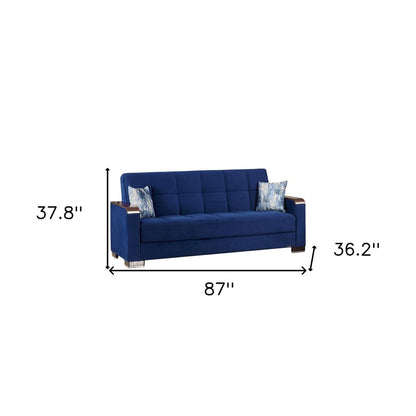 87" Blue Microfiber Convertible Futon Sleeper Sofa And Toss Pillows With Storage