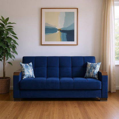 87" Blue Microfiber Convertible Futon Sleeper Sofa And Toss Pillows With Storage