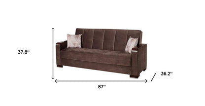 87" Brown Microfiber Convertible Futon Sleeper Sofa And Toss Pillows With Storage