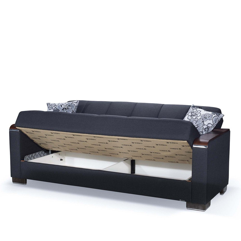 87" Dark Blue Chenille Convertible Futon Sleeper Sofa And Toss Pillows With Storage