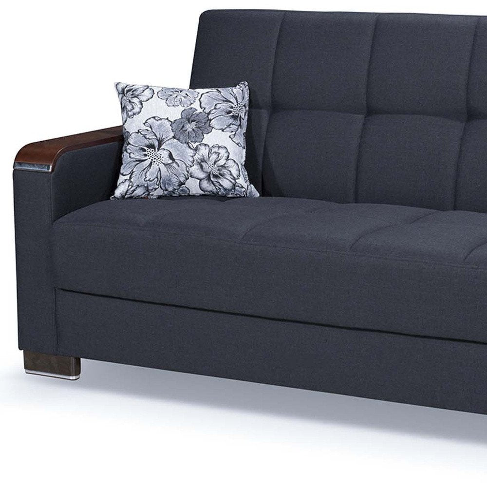 87" Dark Blue Chenille Convertible Futon Sleeper Sofa And Toss Pillows With Storage
