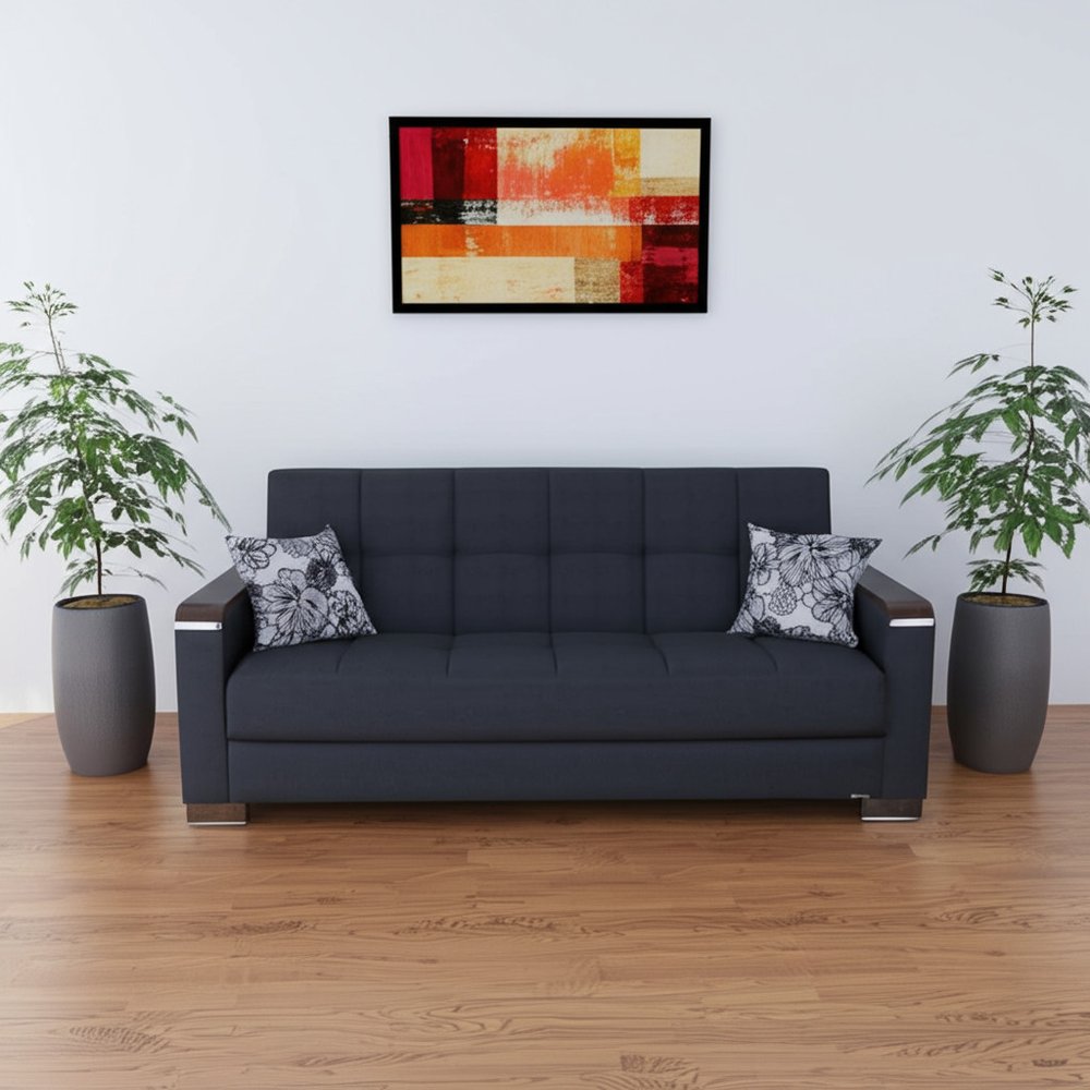 87" Dark Blue Chenille Convertible Futon Sleeper Sofa And Toss Pillows With Storage