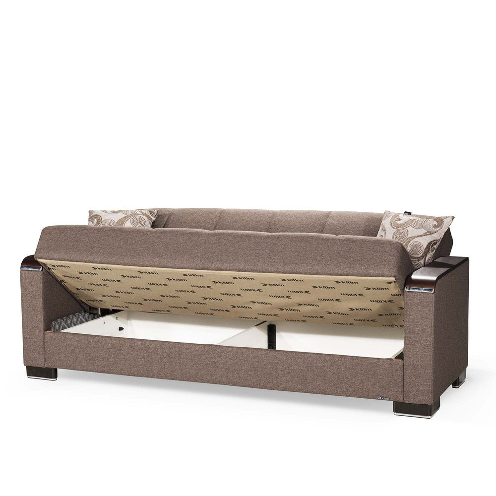 87" Brown Chenille Convertible Futon Sleeper Sofa And Toss Pillows With Storage