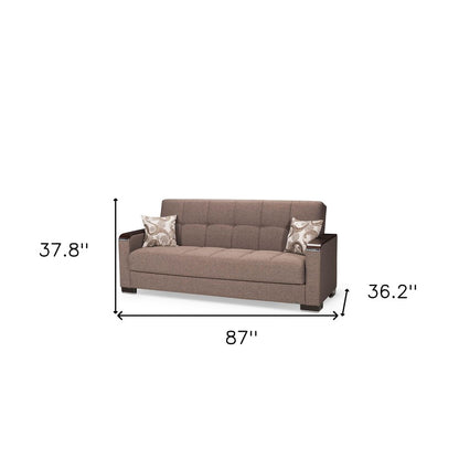 87" Brown Chenille Convertible Futon Sleeper Sofa And Toss Pillows With Storage