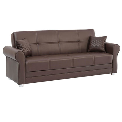 89" Brown Faux Leather Convertible Futon Sleeper Sofa And Toss Pillows With Storage
