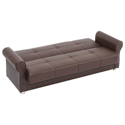 89" Brown Faux Leather Convertible Futon Sleeper Sofa And Toss Pillows With Storage