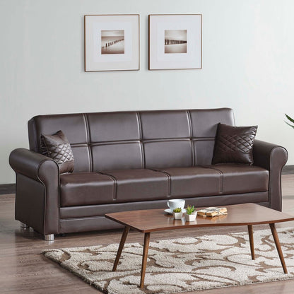 89" Brown Faux Leather Convertible Futon Sleeper Sofa And Toss Pillows With Storage