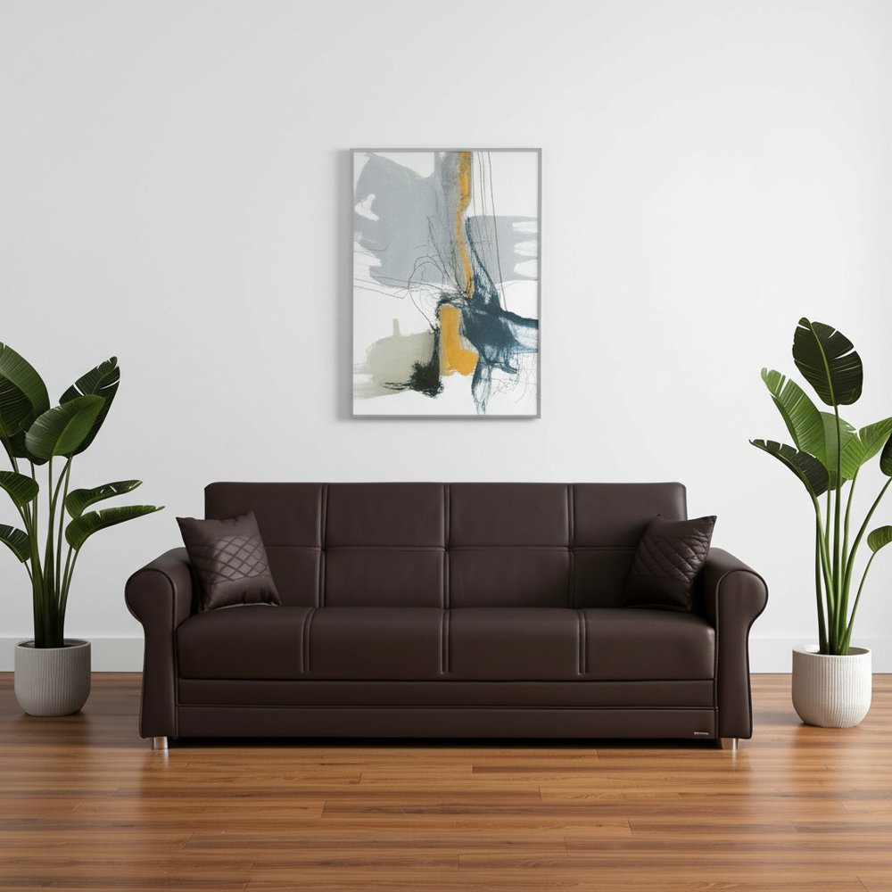 89" Brown Faux Leather Convertible Futon Sleeper Sofa And Toss Pillows With Storage