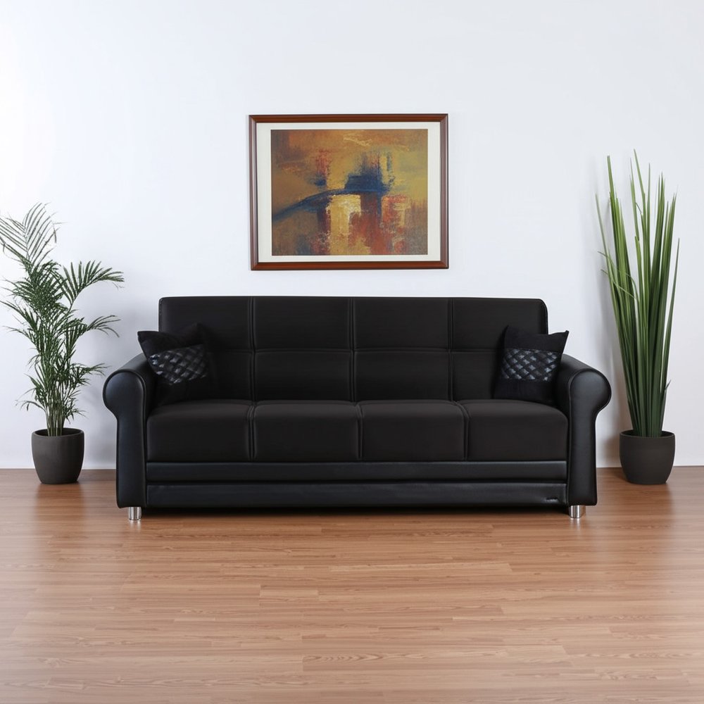 89" Black Polyester Convertible Futon Sleeper Sofa And Toss Pillows With Storage