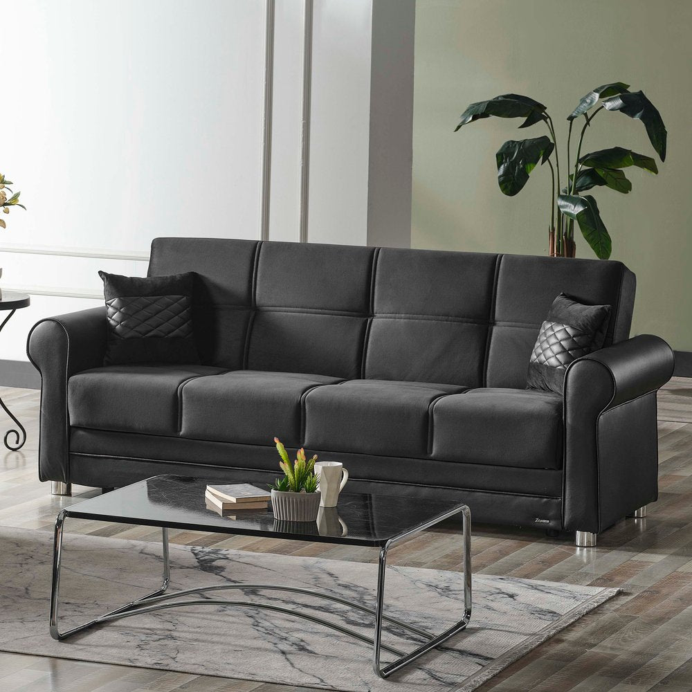 89" Black Polyester Convertible Futon Sleeper Sofa And Toss Pillows With Storage
