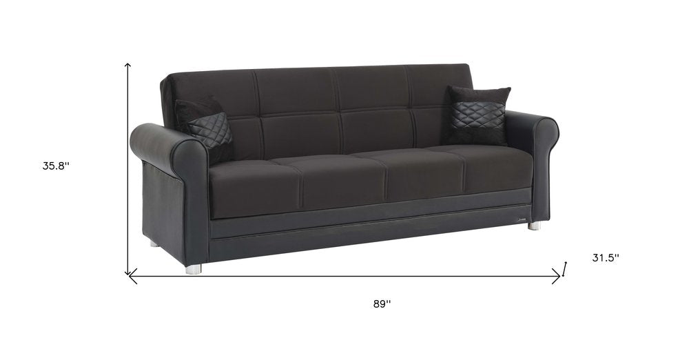 89" Black Polyester Convertible Futon Sleeper Sofa And Toss Pillows With Storage