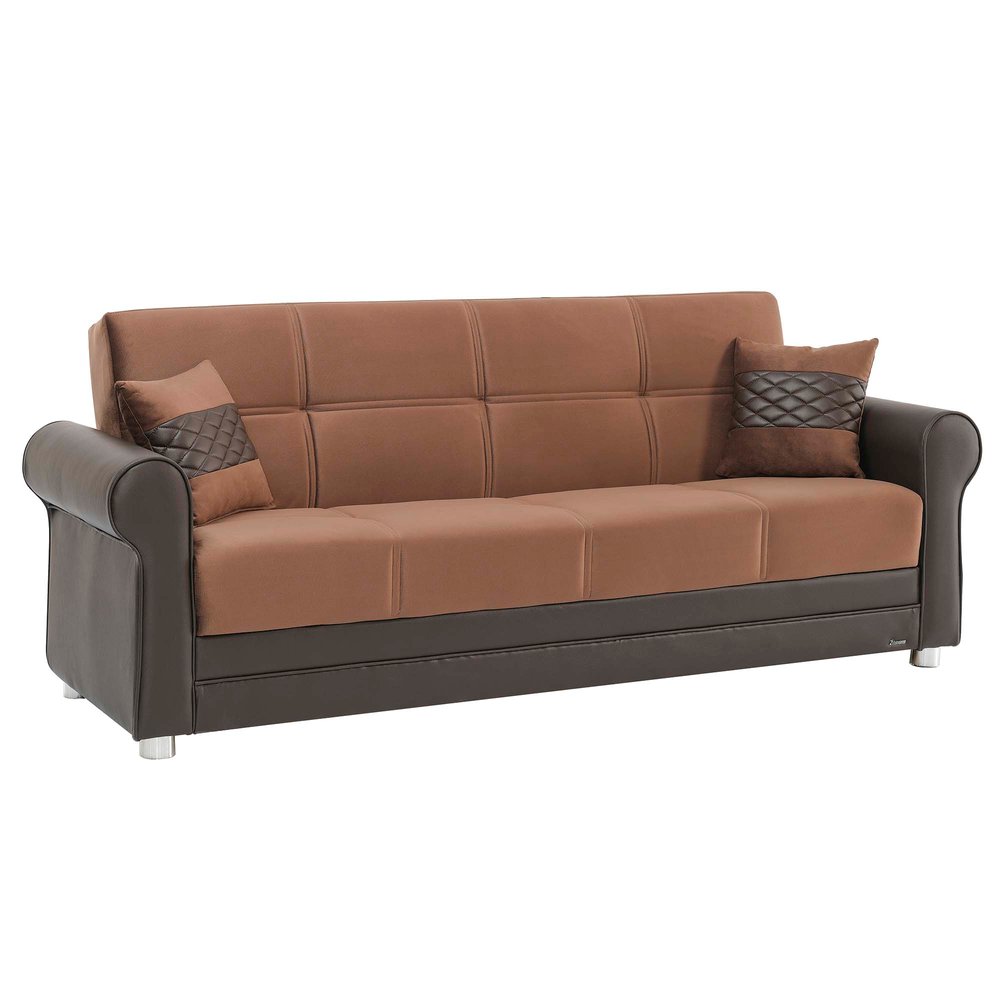 89" Brown Polyester Convertible Futon Sleeper Sofa And Toss Pillows With Storage
