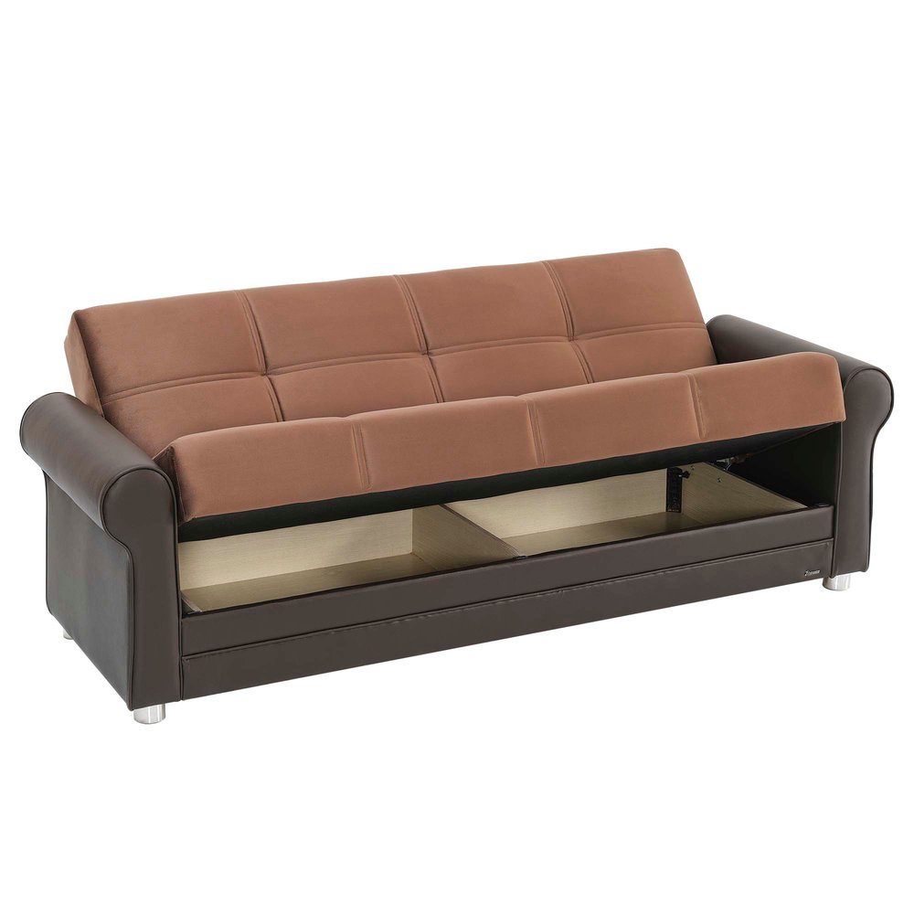 89" Brown Polyester Convertible Futon Sleeper Sofa And Toss Pillows With Storage