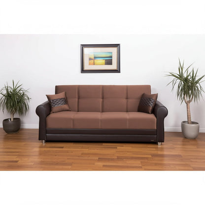 89" Brown Polyester Convertible Futon Sleeper Sofa And Toss Pillows With Storage