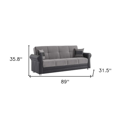 89" Gray Polyester Convertible Futon Sleeper Sofa And Toss Pillows With Storage