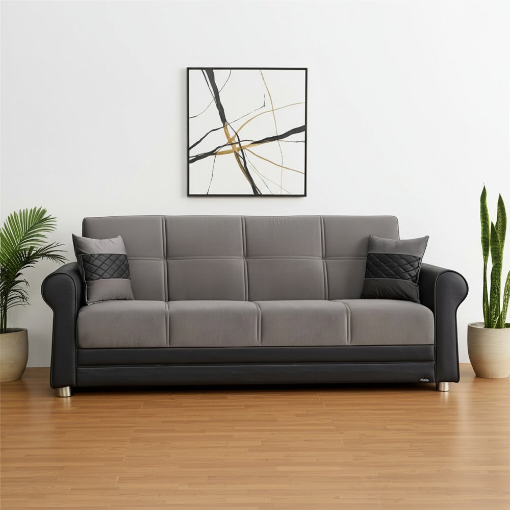 89" Gray Polyester Convertible Futon Sleeper Sofa And Toss Pillows With Storage