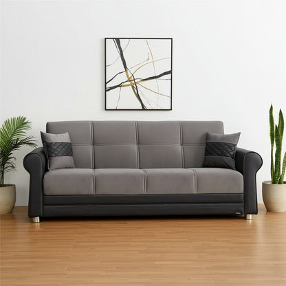89" Gray Polyester Convertible Futon Sleeper Sofa And Toss Pillows With Storage