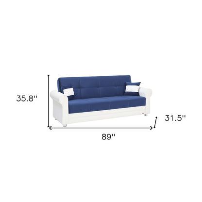 89" Sky Blue Polyester Convertible Futon Sleeper Sofa And Toss Pillows With Storage