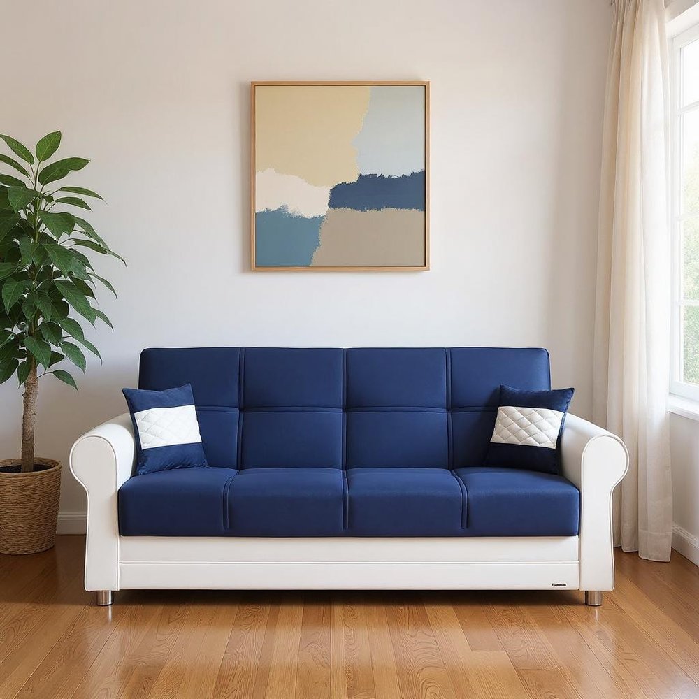 89" Sky Blue Polyester Convertible Futon Sleeper Sofa And Toss Pillows With Storage