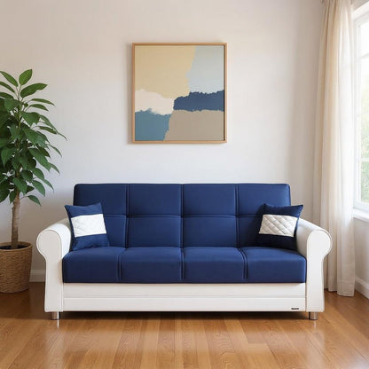 89" Sky Blue Polyester Convertible Futon Sleeper Sofa And Toss Pillows With Storage