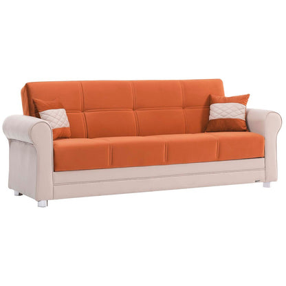 89" Orange Polyester Convertible Futon Sleeper Sofa And Toss Pillows With Storage