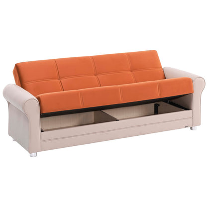 89" Orange Polyester Convertible Futon Sleeper Sofa And Toss Pillows With Storage