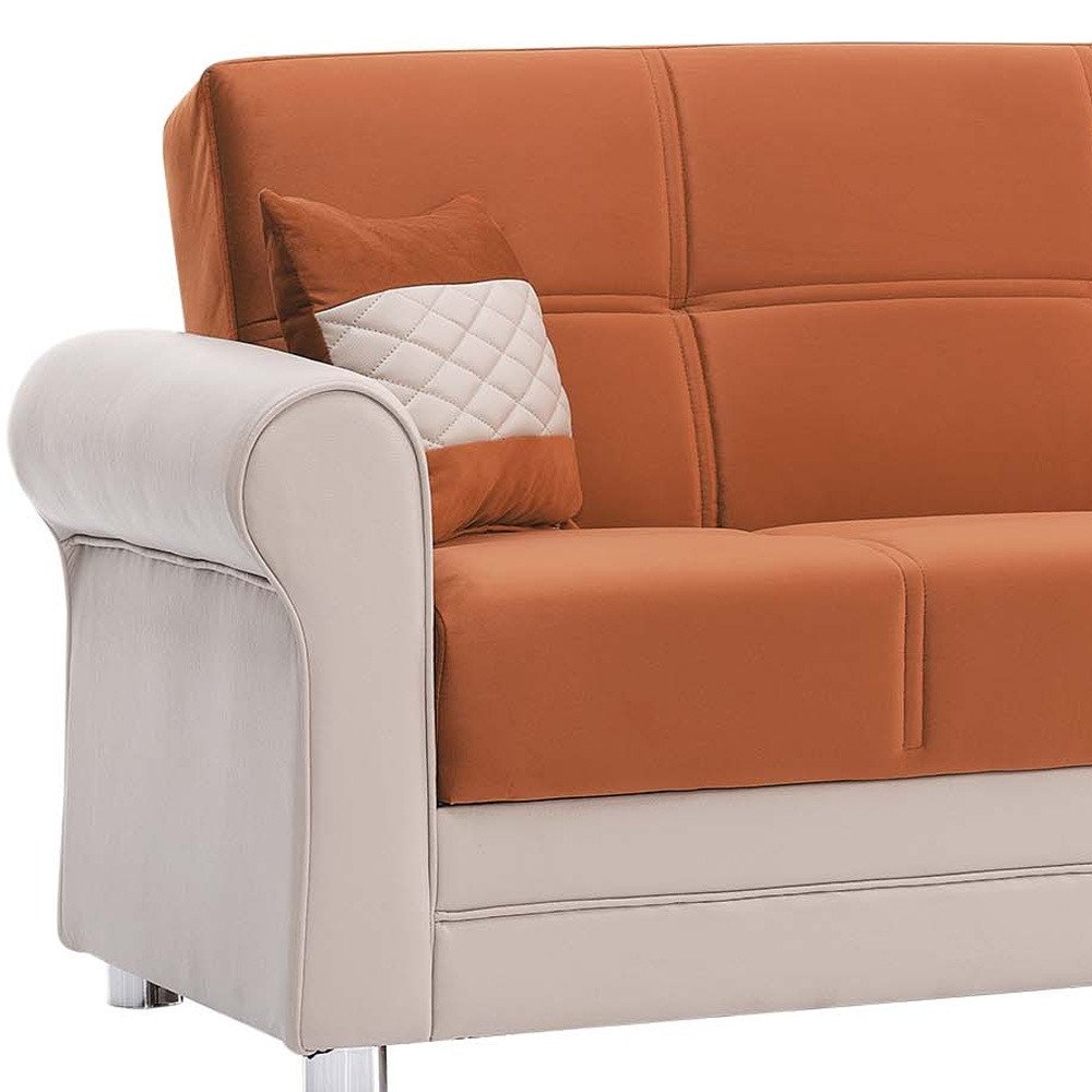 89" Orange Polyester Convertible Futon Sleeper Sofa And Toss Pillows With Storage