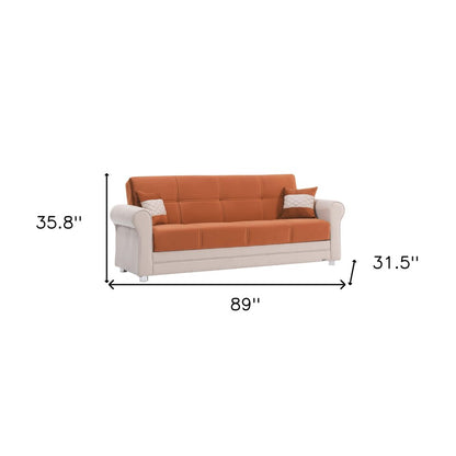 89" Orange Polyester Convertible Futon Sleeper Sofa And Toss Pillows With Storage