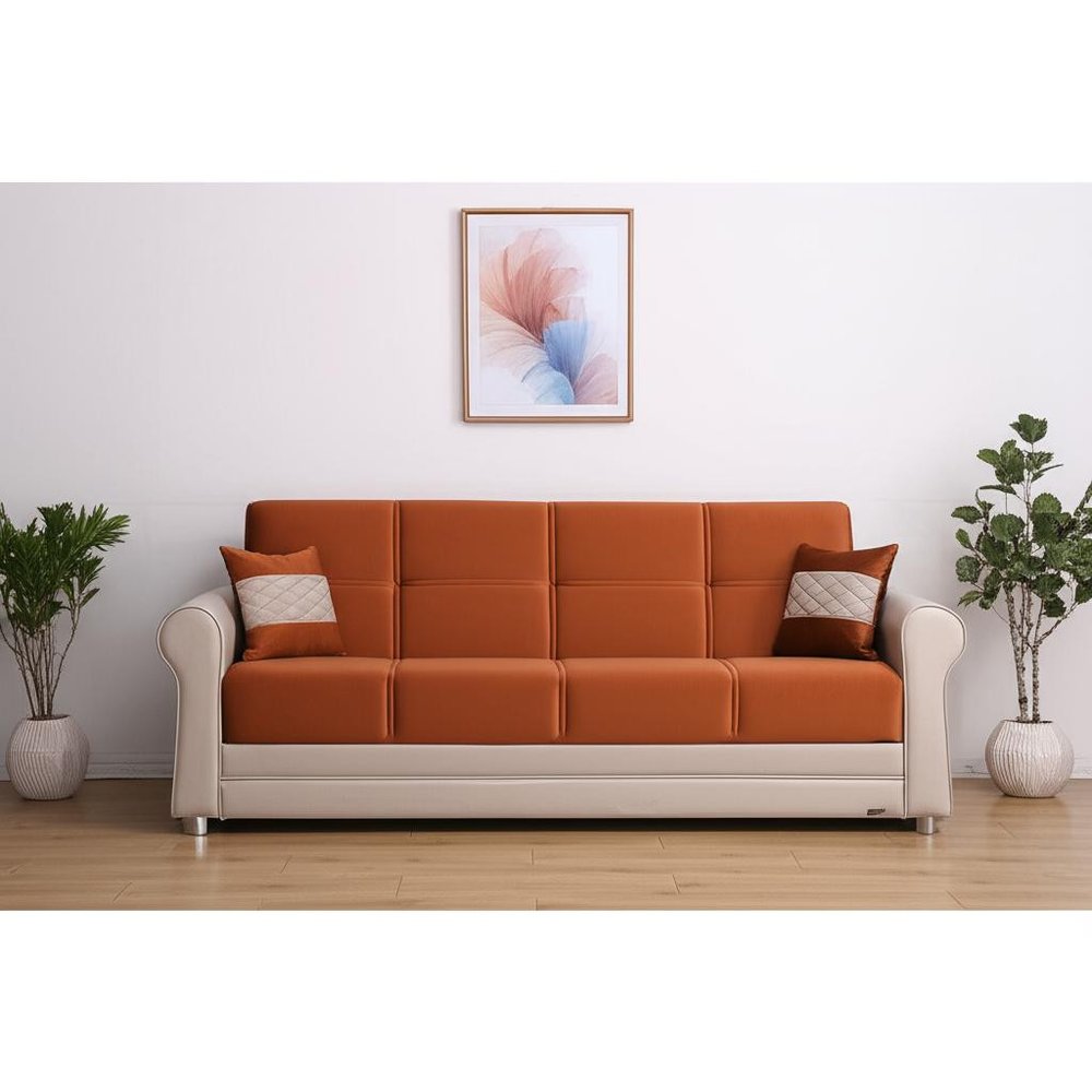89" Orange Polyester Convertible Futon Sleeper Sofa And Toss Pillows With Storage