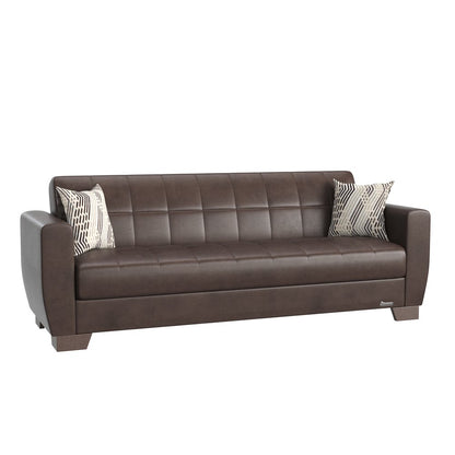 84" Brown Faux Leather Convertible Futon Sleeper Sofa And Toss Pillows With Storage