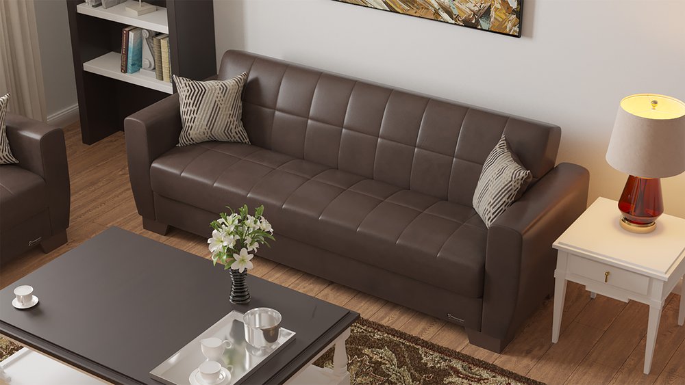 84" Brown Faux Leather Convertible Futon Sleeper Sofa And Toss Pillows With Storage
