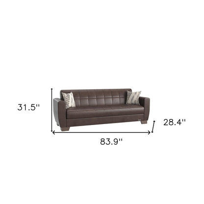 84" Brown Faux Leather Convertible Futon Sleeper Sofa And Toss Pillows With Storage