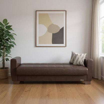 84" Brown Faux Leather Convertible Futon Sleeper Sofa And Toss Pillows With Storage