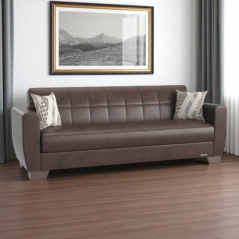 84" Brown Faux Leather Convertible Futon Sleeper Sofa And Toss Pillows With Storage